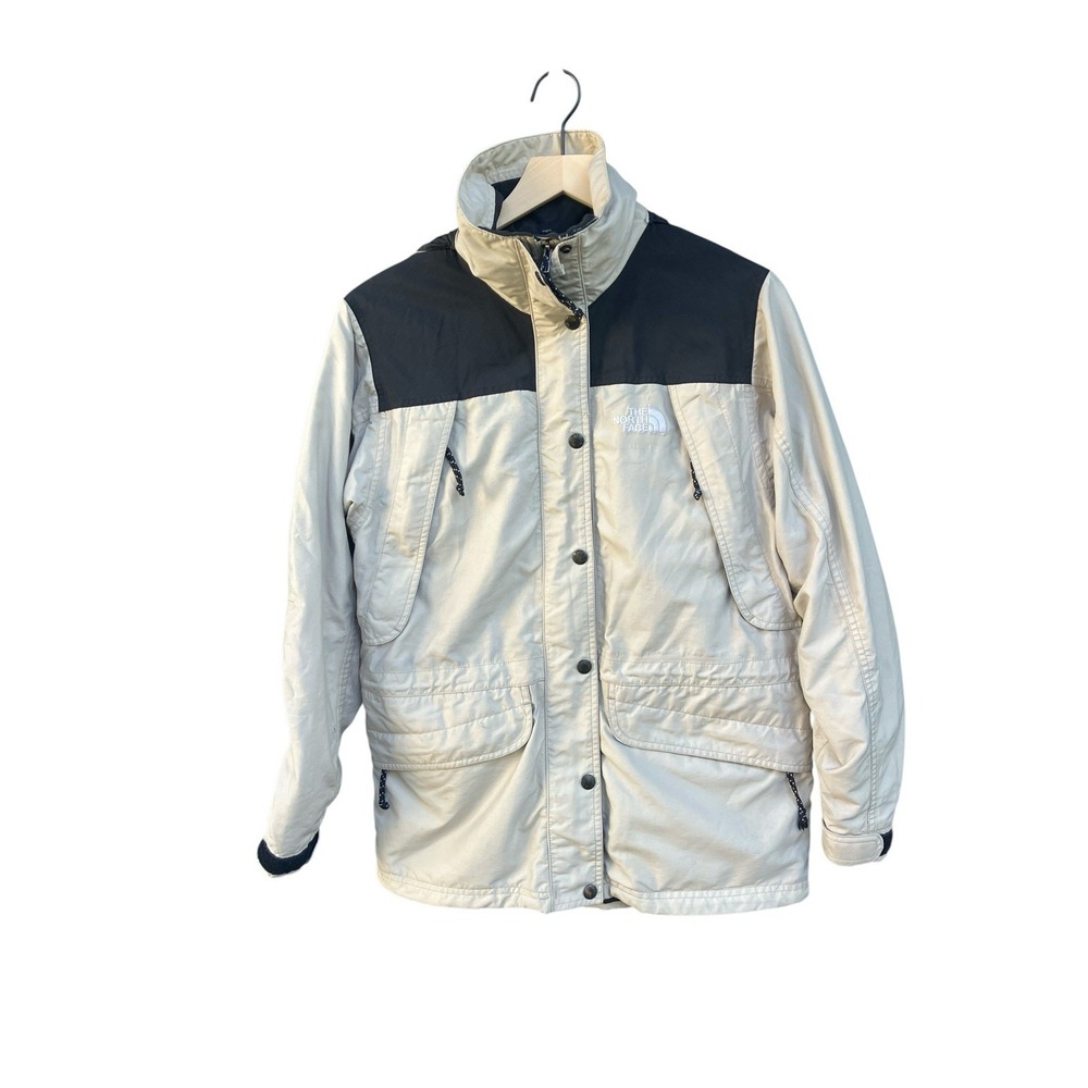 The North Face Mountain Parka Jacket Women Small Beige Black Hooded Flaws S06